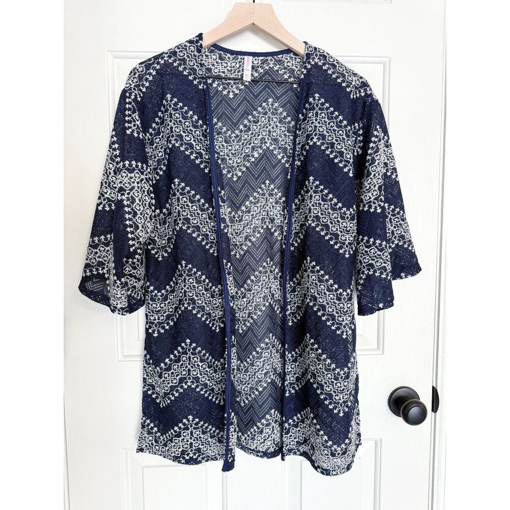 Xhilaration Navy White Crochet Sheer Caftan Open Front Cover Up Cardigan M - L‎